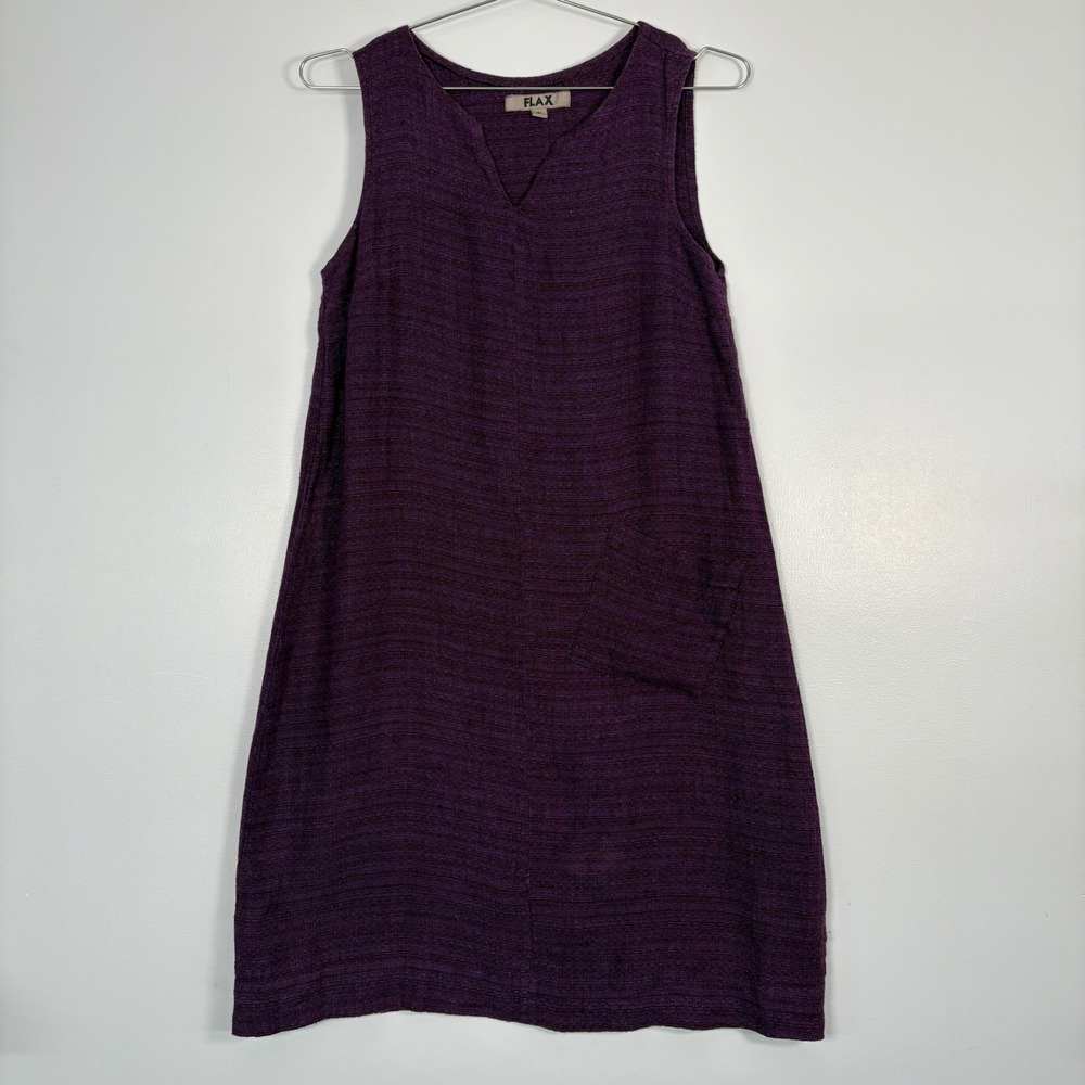 FLAX Women Dress P (XS) Purple 100% Linen Sleeveless V-Neck Pocket Shift Dress